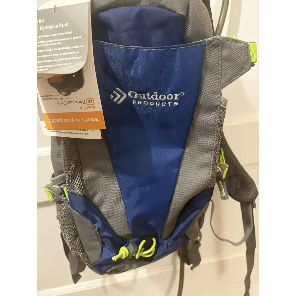 NWT OUTDOOR PRODUCTS MIST 8.0 HYDRATION BACKPACK BAG GRAY BLUE 2L HIKING CAMPING